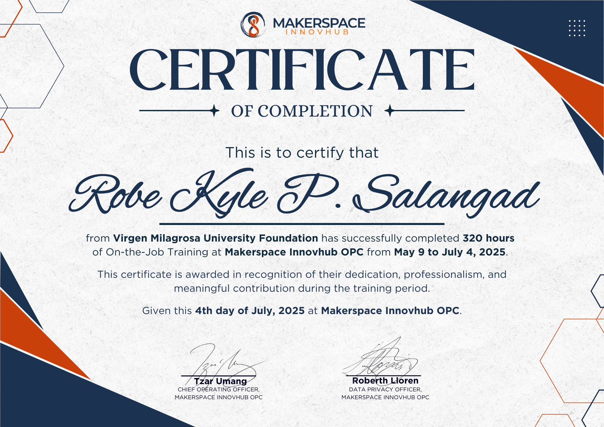 320-hr OJT, completed